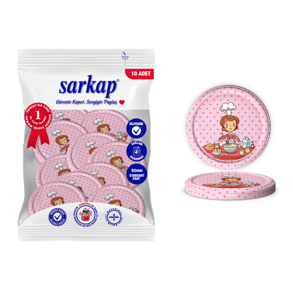 Hijyenik Paketli 10 Adet Kavanoz Kapağı Aşçı Kadın 82 mm AşçıKadınPembe
