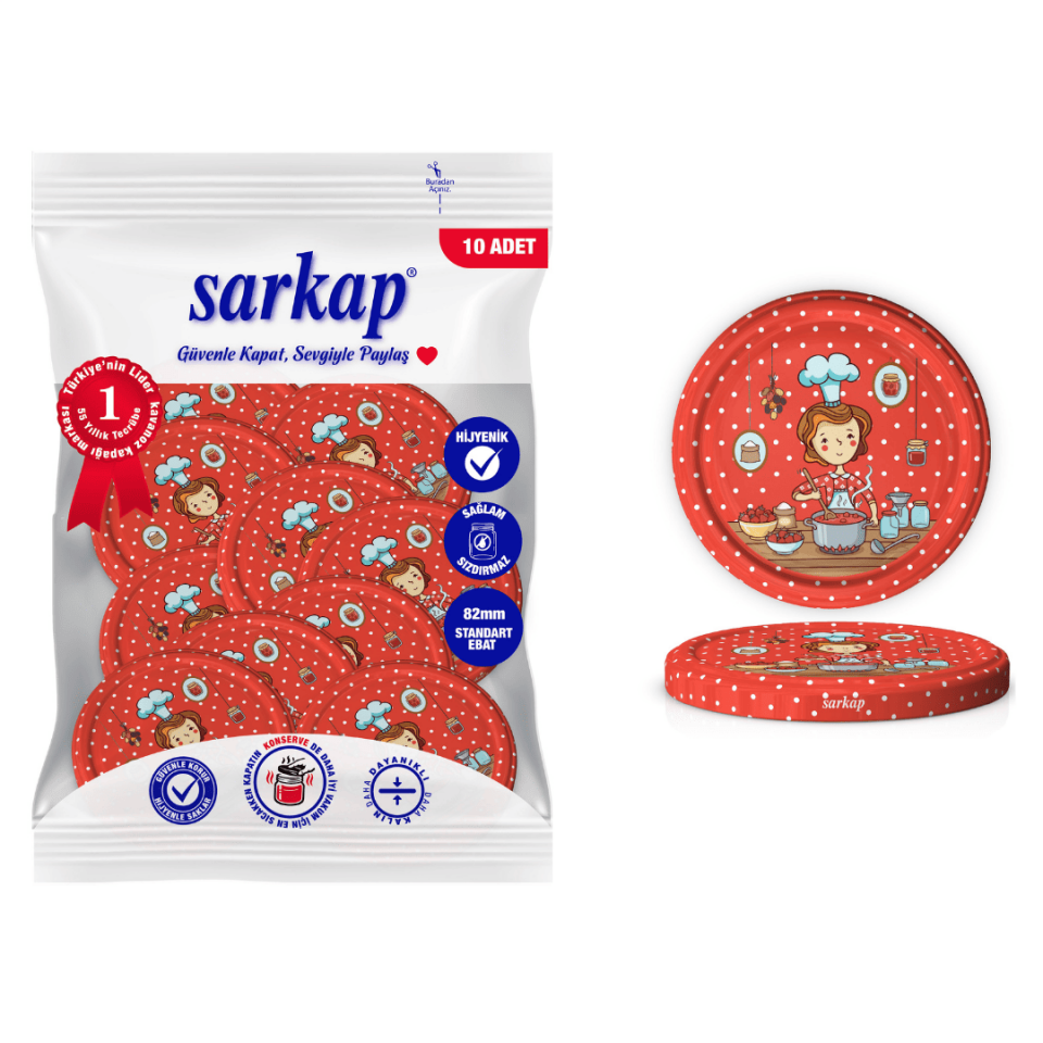 Hijyenik Paketli 10 Adet Kavanoz Kapağı Aşçı Kadın 82 mm AşçıKadınKırmızı