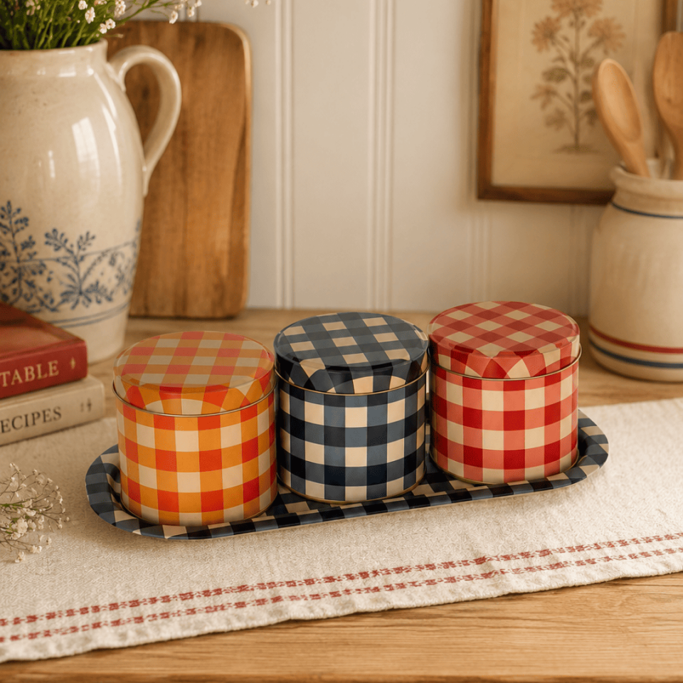 Sarkap Home 3'lü Ekose Tepsi ve Kutu Seti - 9,9x9 cm Kutu ve 16x35 cm Sunumluk Tepsi