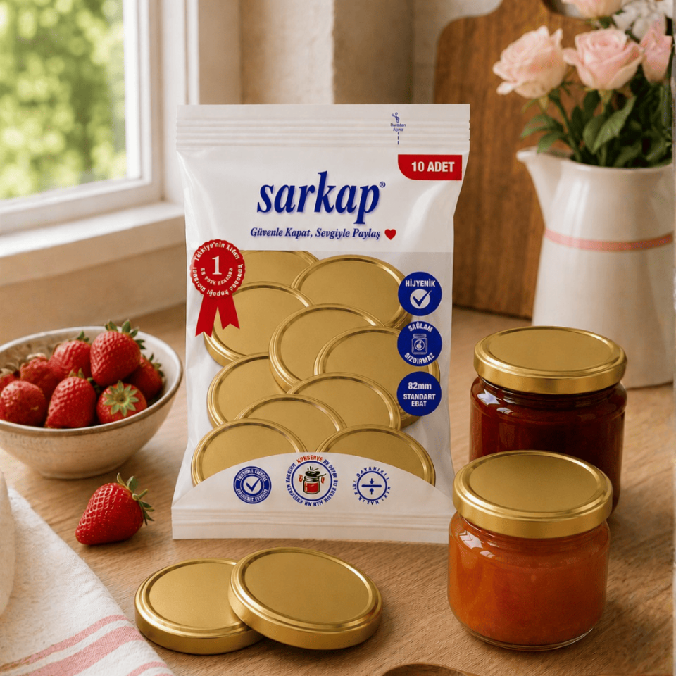 Hijyenik Paketli 10 Adet Kavanoz Kapağı Düz Renkler 82 mm Gold