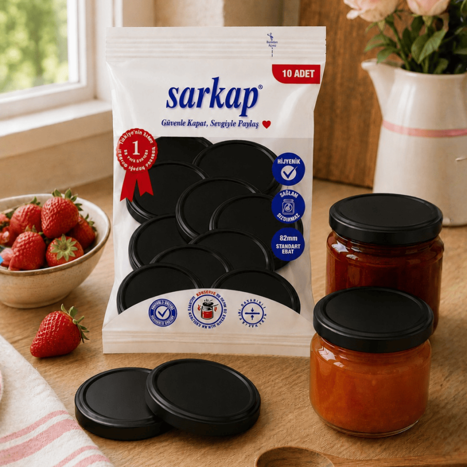 Hijyenik Paketli 10 Adet Kavanoz Kapağı Düz Renkler 82 mm Siyah