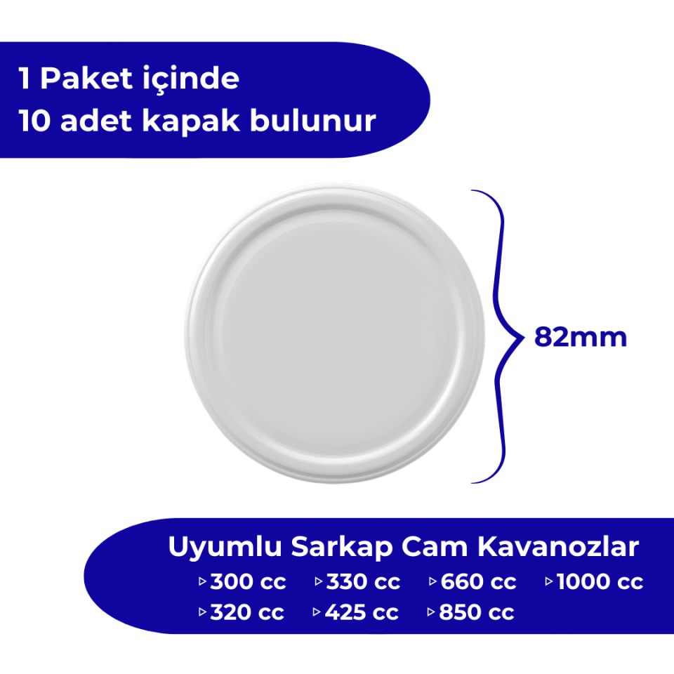 Hijyenik Paketli 10 Adet Kavanoz Kapağı Düz Renkler 82 mm Beyaz