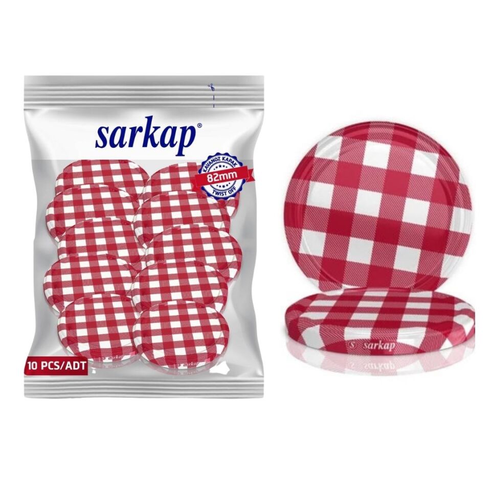 Hijyenik Paketli 10 Adet Kavanoz Kapağı Ekose Desenler 82 mm Koyu Kırmızı