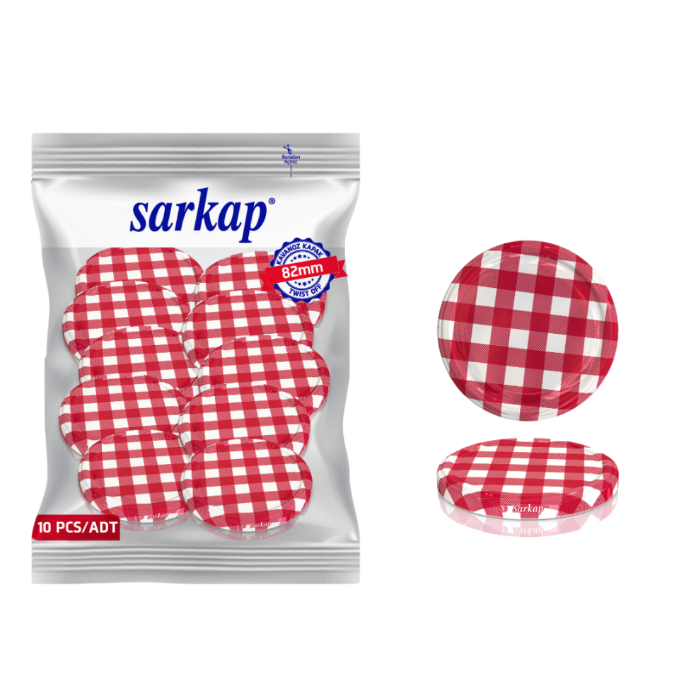 Hijyenik Paketli 10 Adet Kavanoz Kapağı Ekose Desenler 82 mm Kırmızı Kuşak