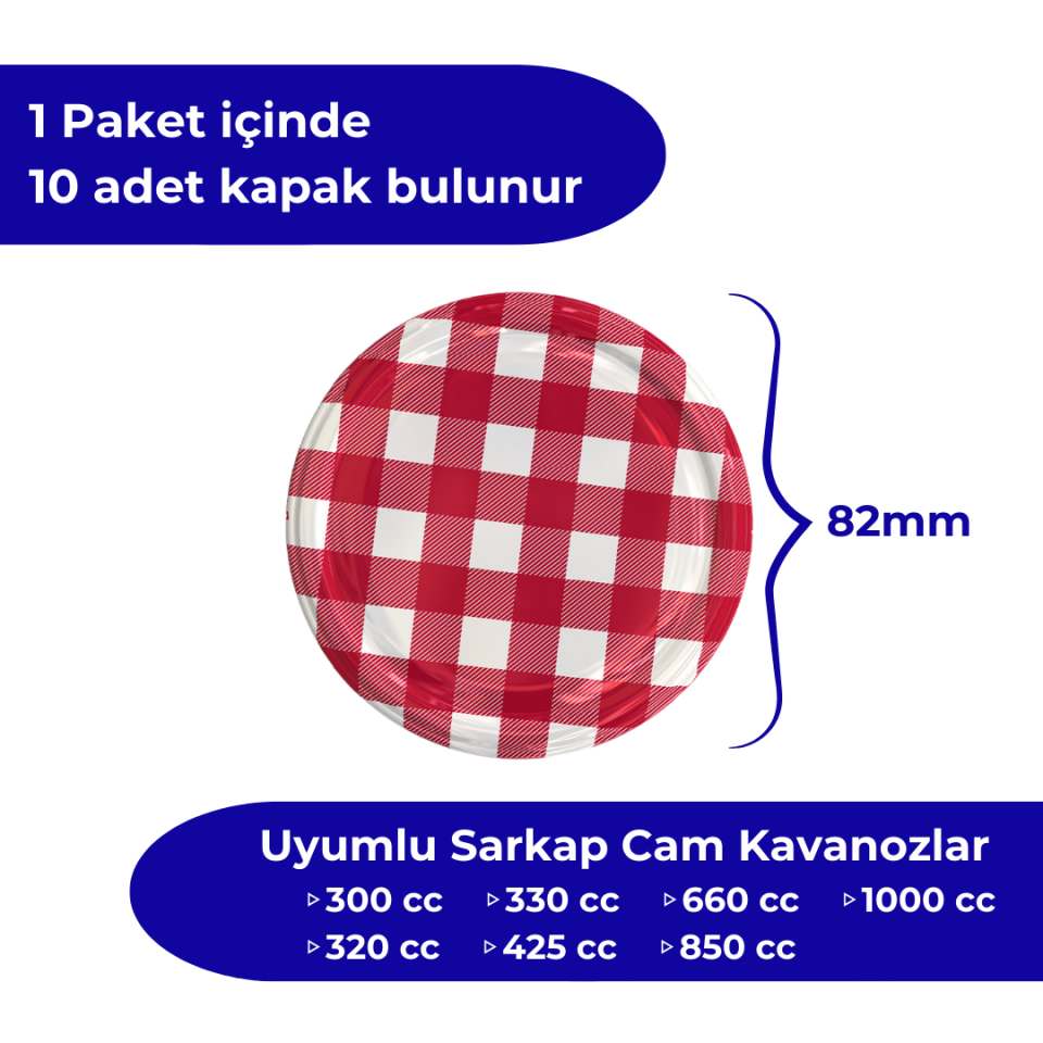 Hijyenik Paketli 10 Adet Kavanoz Kapağı Ekose Desenler 82 mm Kırmızı Kuşak