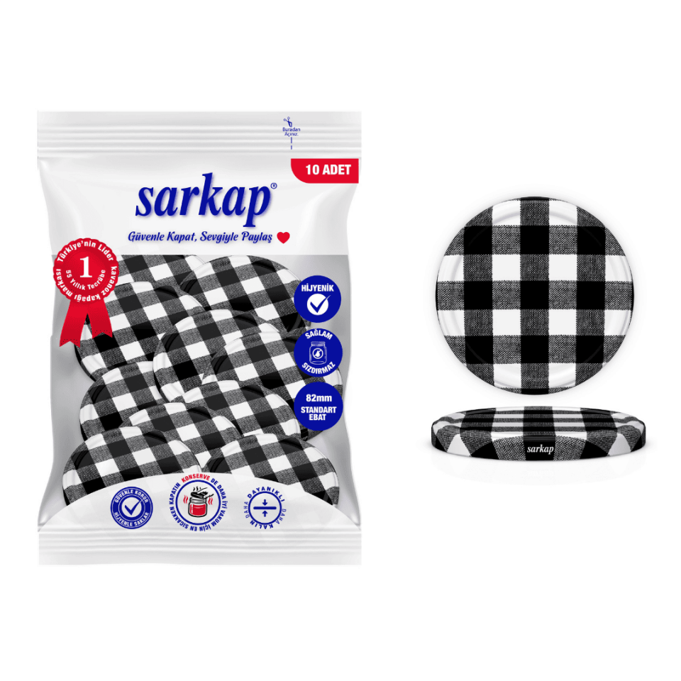 Hijyenik Paketli 10 Adet Kavanoz Kapağı Ekose Desenler 82 mm Siyah