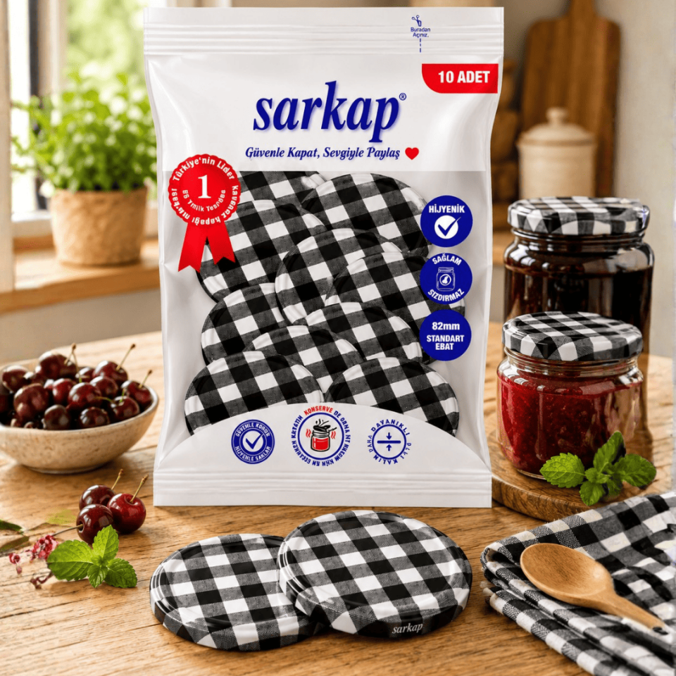 Hijyenik Paketli 10 Adet Kavanoz Kapağı Ekose Desenler 82 mm Siyah