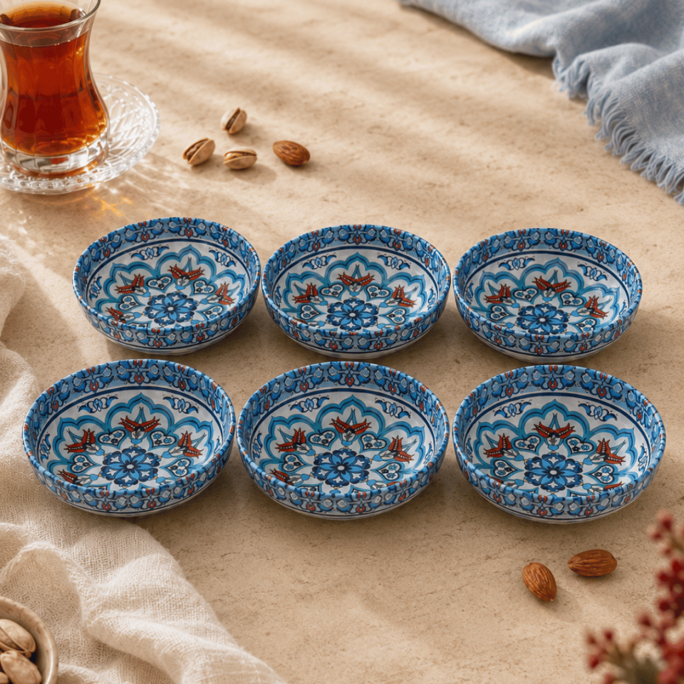 Sarkap Home 6'lı Dondurmalık ve Çerezlik Seti 10 cm Çap, 3.2 cm Yükseklik TurkuazÇiniDesen