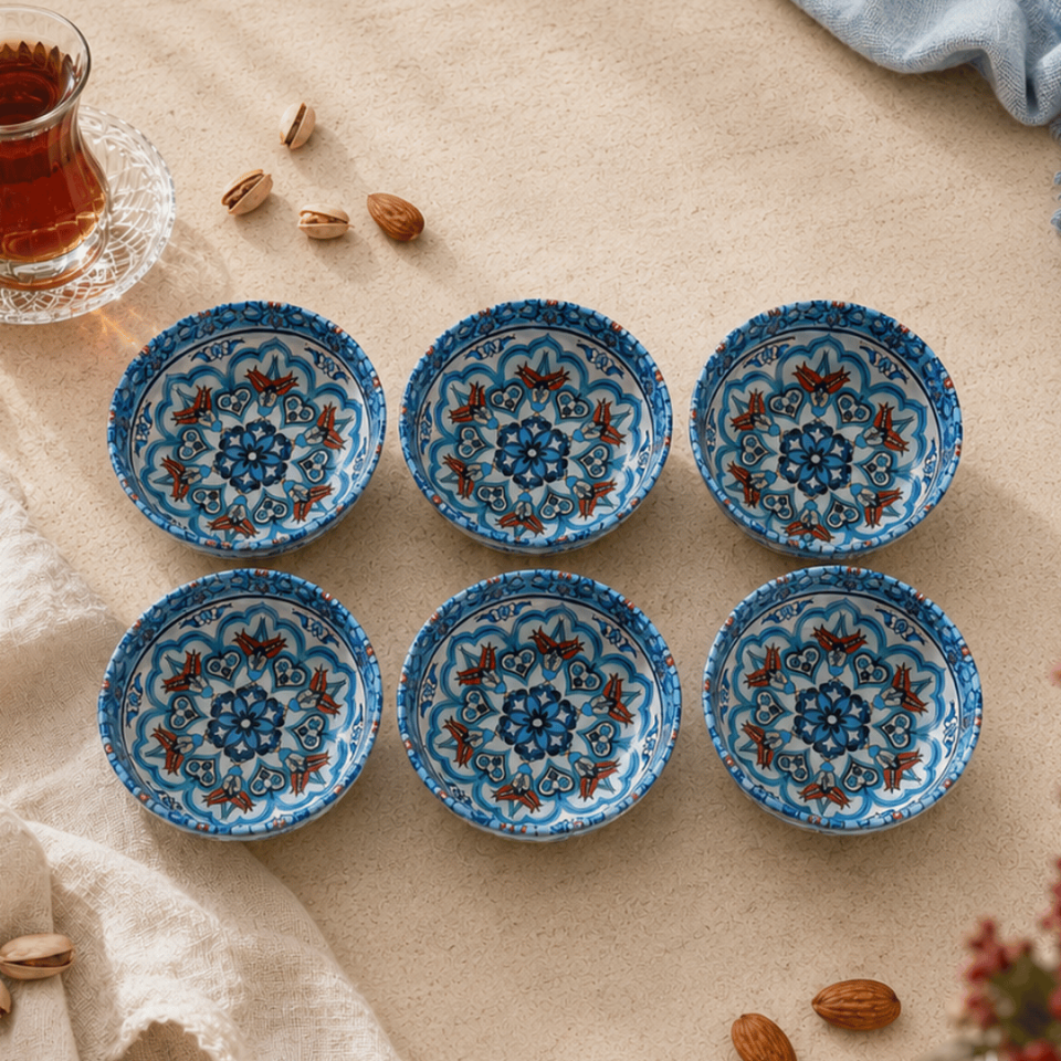 Sarkap Home 6'lı Dondurmalık ve Çerezlik Seti 10 cm Çap, 3.2 cm Yükseklik TurkuazÇiniDesen