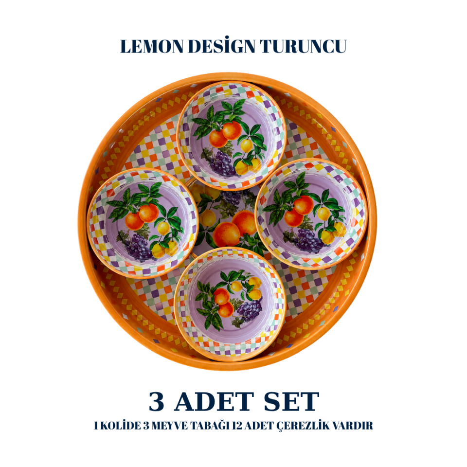 Sarkap Home 3 Adet Meyve Tabağı ve Çerezlik Seti LemonDesignTuruncu