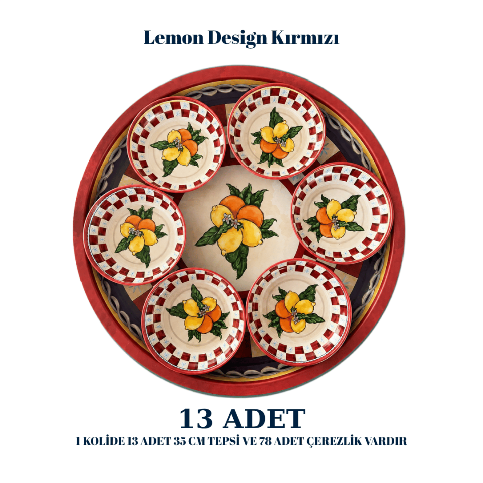 Sarkap Home  13 Adet 35 cm Tepsi ve Çerezlik Seti LemonDesignKırmızı