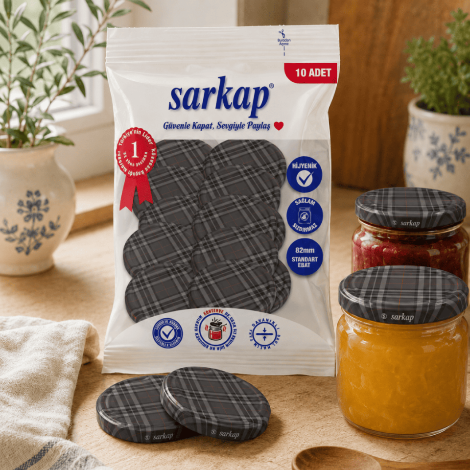Hijyenik Paketli 10 Adet Kavanoz Kapağı Ekose Desenler 82 mm Gri Ekose