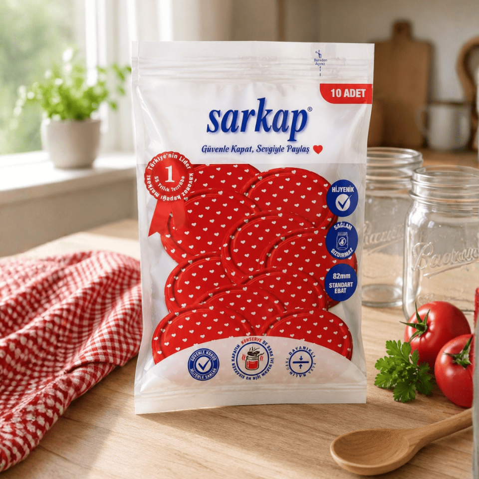 Hijyenik Paketli 10 Adet Kavanoz Kapağı Kalpli Desenler 82 mm Kırmızı