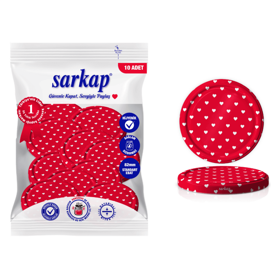 Hijyenik Paketli 10 Adet Kavanoz Kapağı Kalpli Desenler 82 mm Kırmızı