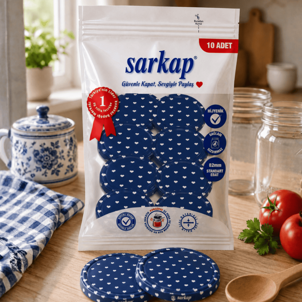Hijyenik Paketli 10 Adet Kavanoz Kapağı Kalpli Desenler 82 mm Mavi