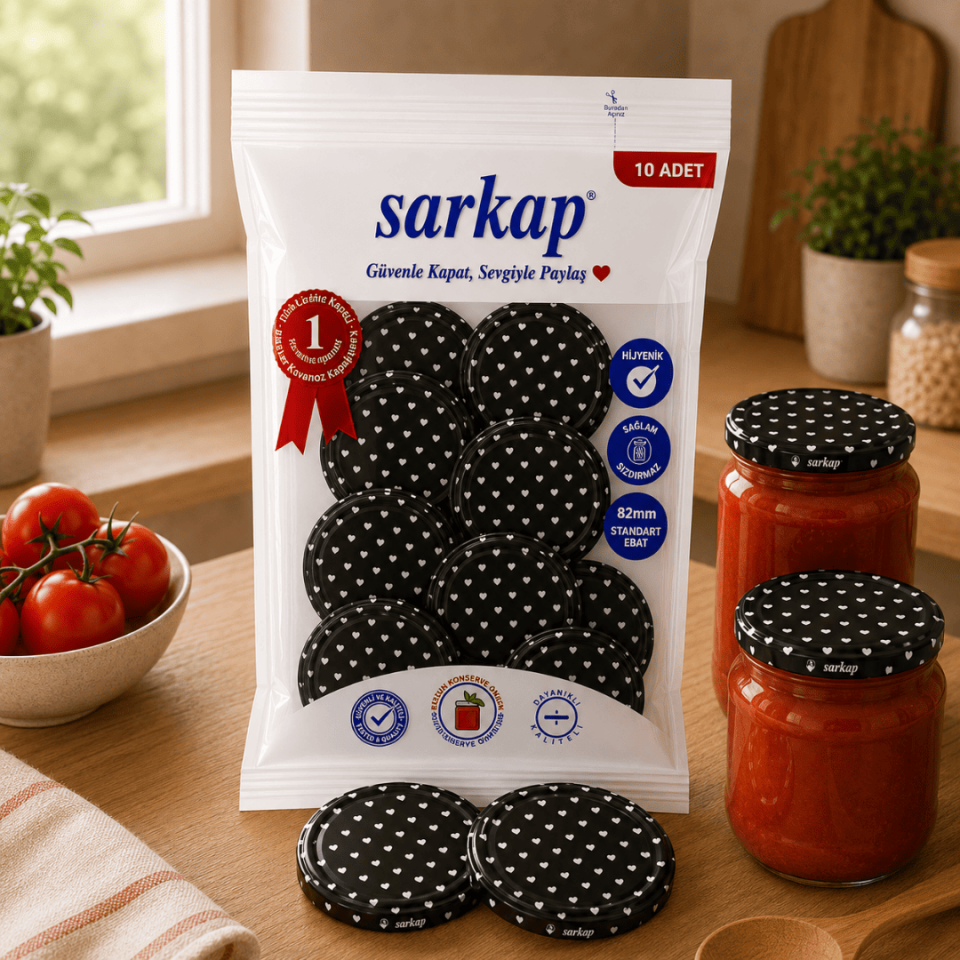Hijyenik Paketli 10 Adet Kavanoz Kapağı Kalpli Desenler 82 mm Siyah