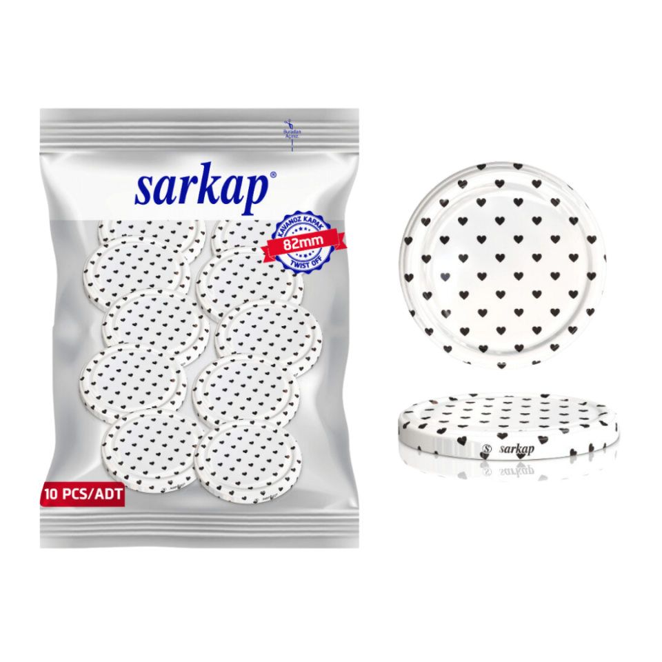 Hijyenik Paketli 10 Adet Kavanoz Kapağı Kalpli Desenler 82 mm Beyaz Kalp Siyah