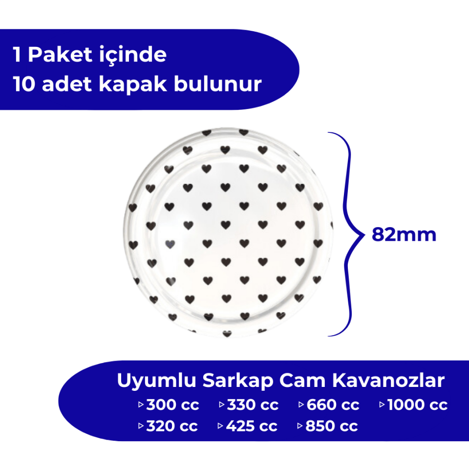 Hijyenik Paketli 10 Adet Kavanoz Kapağı Kalpli Desenler 82 mm Beyaz Kalp Siyah