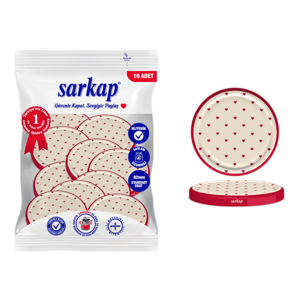 Hijyenik Paketli 10 Adet Kavanoz Kapağı Kalpli Desenler 82 mm Kırmızı Kalp Krem