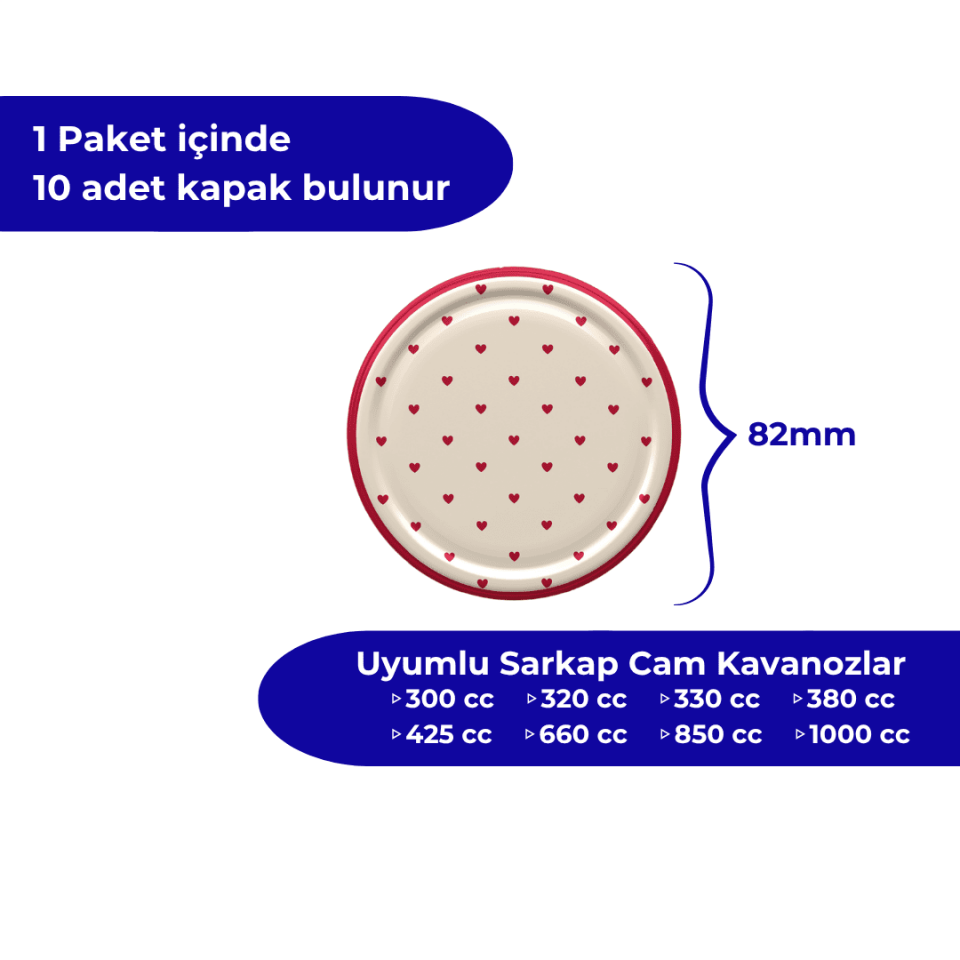 Hijyenik Paketli 10 Adet Kavanoz Kapağı Kalpli Desenler 82 mm Kırmızı Kalp Krem