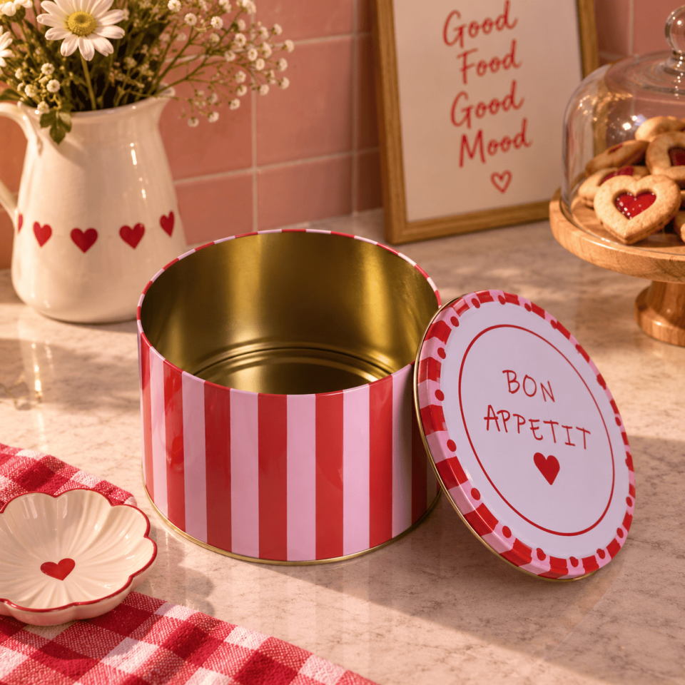 Sarkap Home 3,4 Litre Bon Appetit Yuvarlak Metal Kutu 190x120mm KırmızıPembe