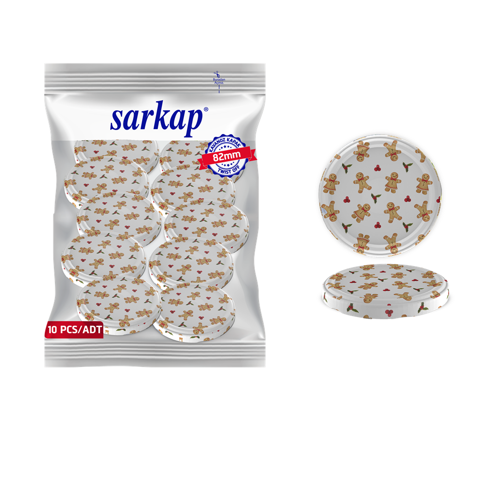 Hijyenik Paketli 10 Adet Kavanoz Kapağı Yeni Yıl Serisi 82 mm