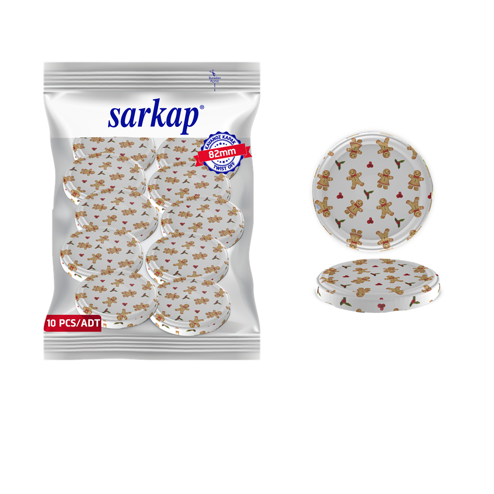 Hijyenik Paketli 10 Adet Kavanoz Kapağı Yeni Yıl Serisi 82 mm