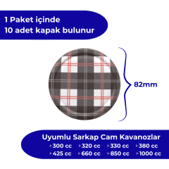 Hijyenik Paketli 10 Adet Kavanoz Kapağı Ekose Desenler 82 mm Gri-Beyaz