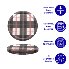 Hijyenik Paketli 10 Adet Kavanoz Kapağı Ekose Desenler 82 mm Gri-Beyaz