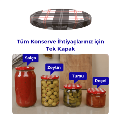 Hijyenik Paketli 10 Adet Kavanoz Kapağı Ekose Desenler 82 mm Gri-Beyaz