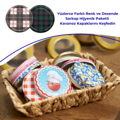 Hijyenik Paketli 10 Adet Kavanoz Kapağı Ekose Desenler 82 mm Gri-Beyaz