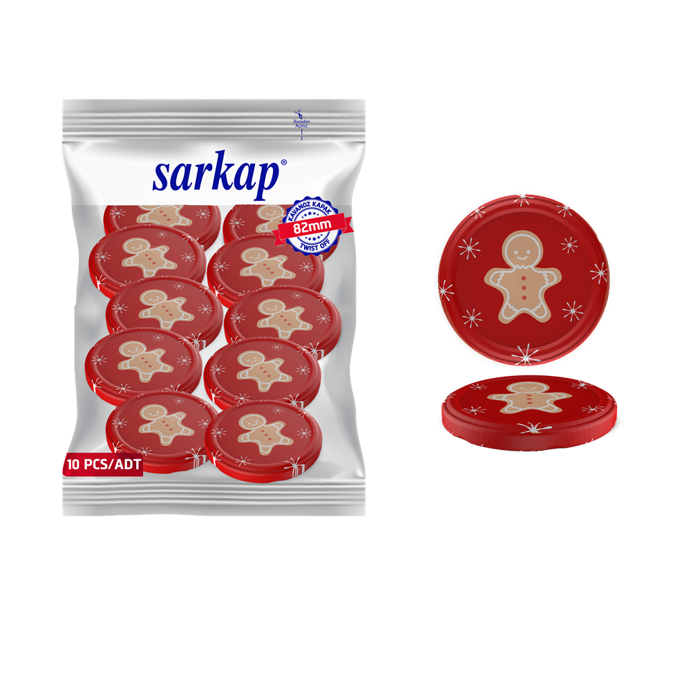 Hijyenik Paketli 10 Adet Kavanoz Kapağı Yeni Yıl Serisi 82 mm KırmızıCookie
