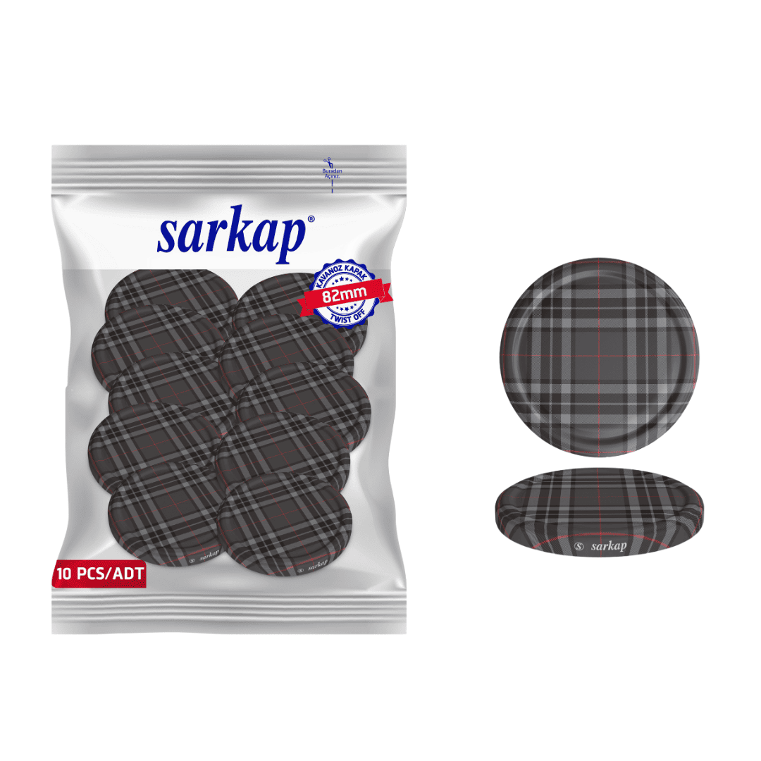 Hijyenik Paketli 10 Adet Kavanoz Kapağı Ekose Desenler 82 mm Gri Ekose