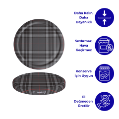 Hijyenik Paketli 10 Adet Kavanoz Kapağı Ekose Desenler 82 mm Gri Ekose