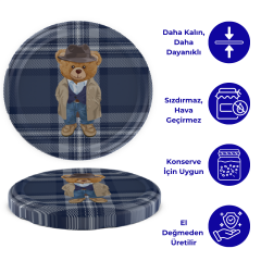 Hijyenik Paketli 10 Adet Kavanoz Kapağı Yeni Yıl Serisi 82 mm EkoseTeddyLacivert