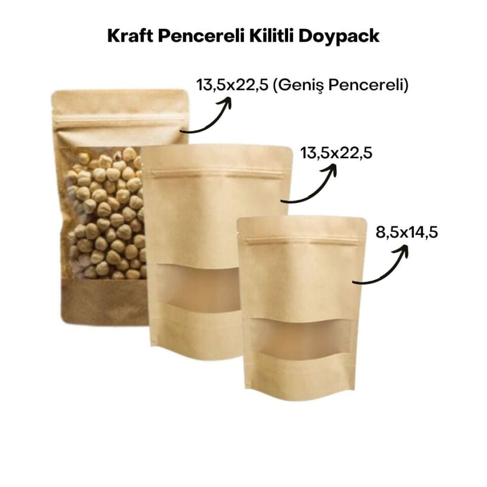 Sarkap 50 Adet Paketli Kraft Pencereli Kilitli Doypack 13,5x22,5