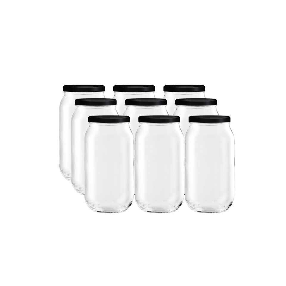 Sarkap 1000 ml 9'lu Kapaklı Cam Kavanoz Mat Siyah