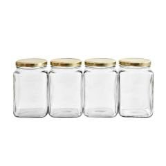 Sarkap 4'lü 1600 ml Kapaklı Köşeli Cam Kavanoz - Gold Kapak