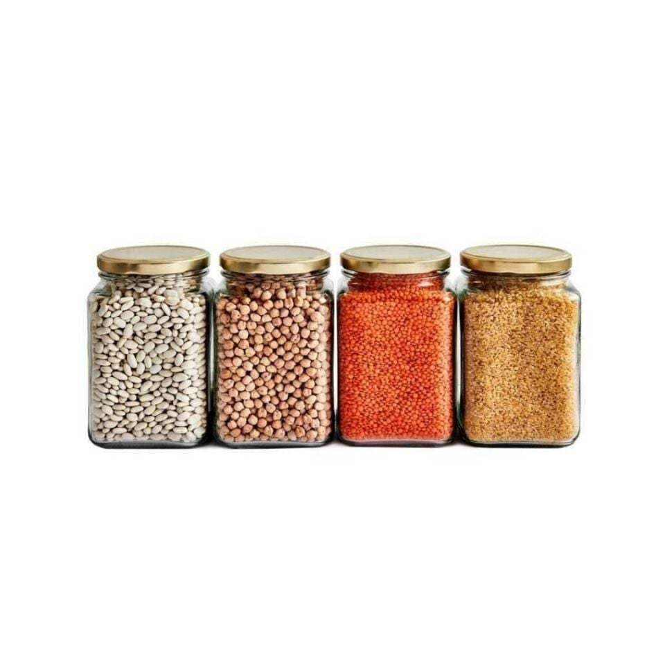 Sarkap 4'lü 1600 ml Kapaklı Köşeli Cam Kavanoz - Gold Kapak