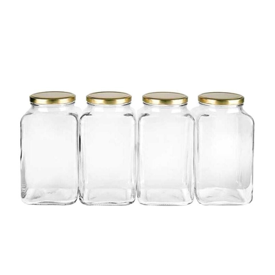 Sarkap 4'lü 3000 ml Kapaklı Köşeli Cam Kavanoz - Gold Kapak