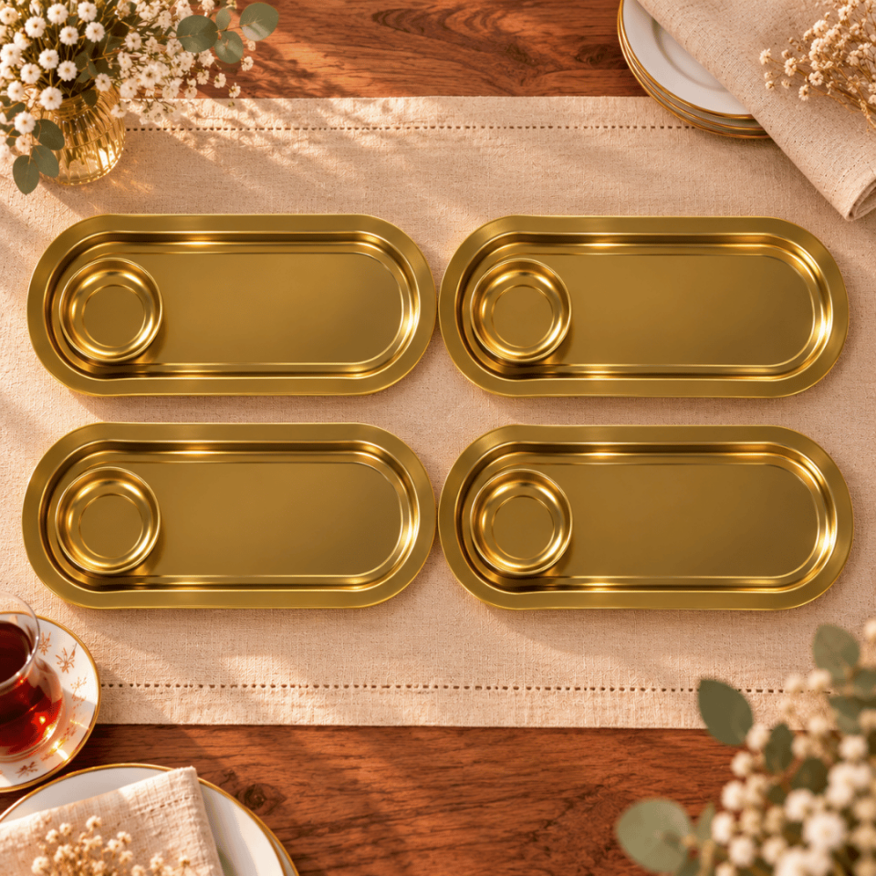 Sarkap Home 4'lü 16x35 cm Oval Sunumluk Tepsi ve 4'lü 7,6x2,7 cm Lokumluk Seti Gold