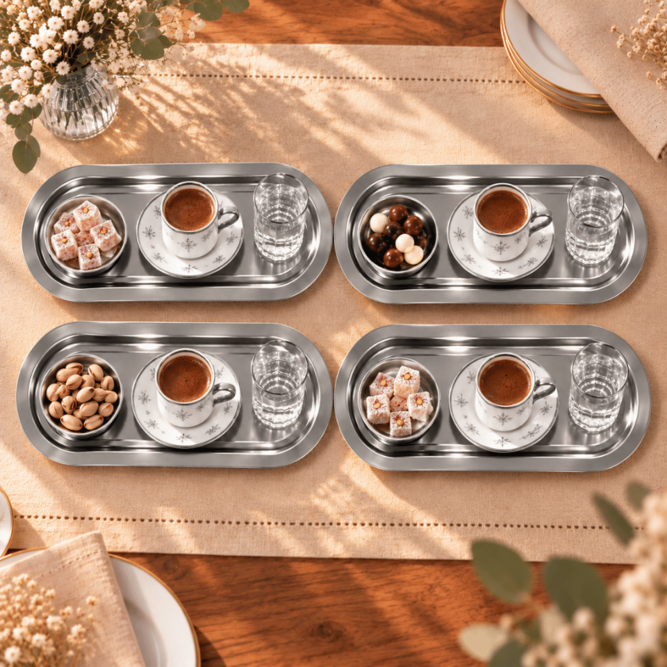 Sarkap Home 4'lü 16x35 cm Oval Sunumluk Tepsi ve 4'lü 7,6x2,7 cm Lokumluk Seti Silver