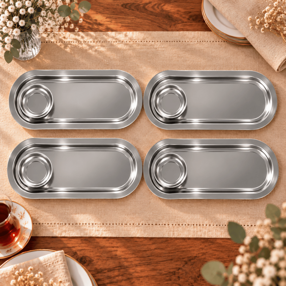 Sarkap Home 4'lü 16x35 cm Oval Sunumluk Tepsi ve 4'lü 7,6x2,7 cm Lokumluk Seti Silver