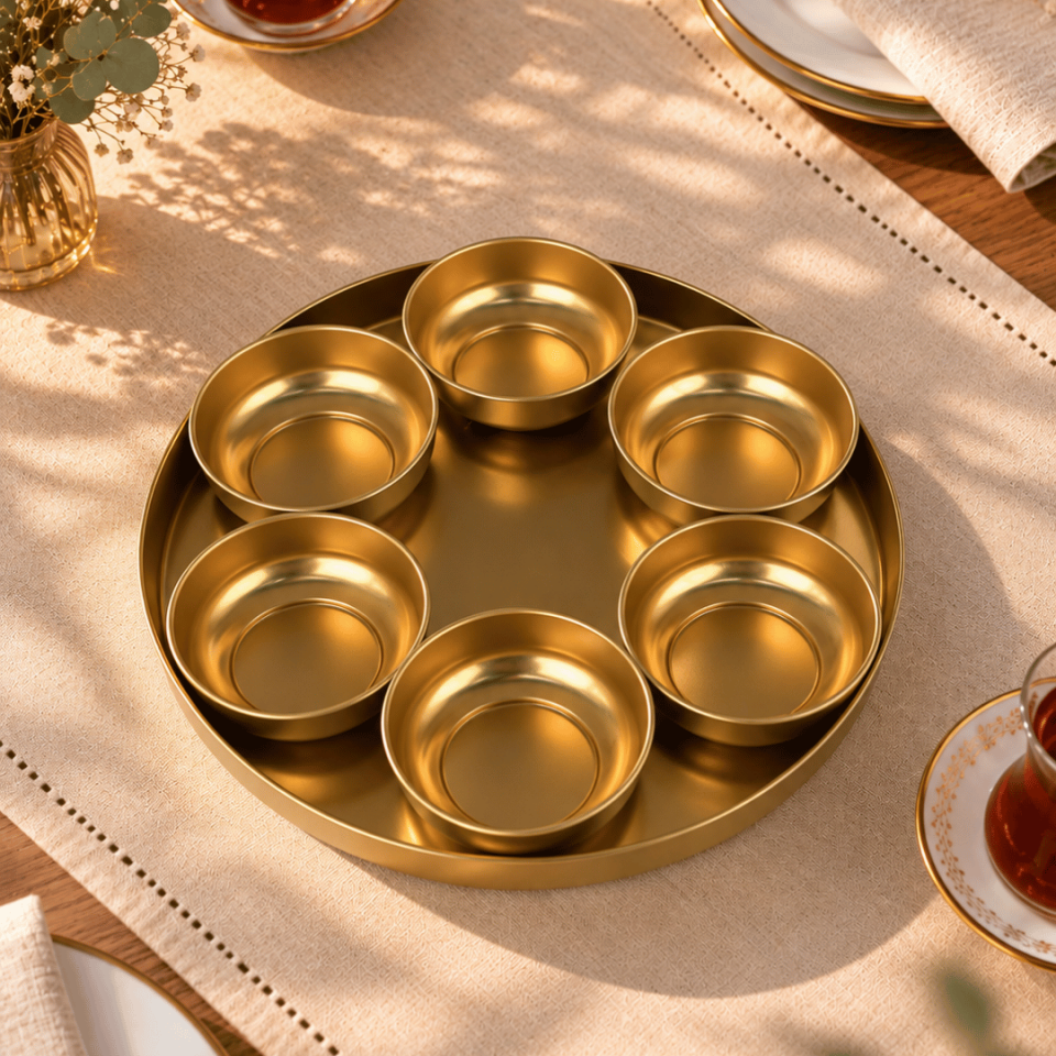 Sarkap Home 6'lı 24 cm Derin Sunumluk Tepsi ve 6'lı 7,6x2,7 cm Lokumluk Seti Gold