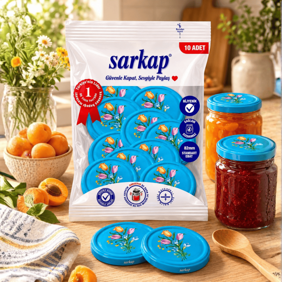 Hijyenik Paketli 10 Adet Kavanoz Kapağı Çiçek Desenler 82 mm Mavi
