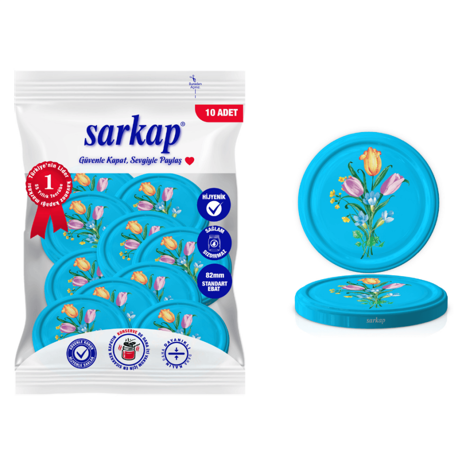 Hijyenik Paketli 10 Adet Kavanoz Kapağı Çiçek Desenler 82 mm Mavi