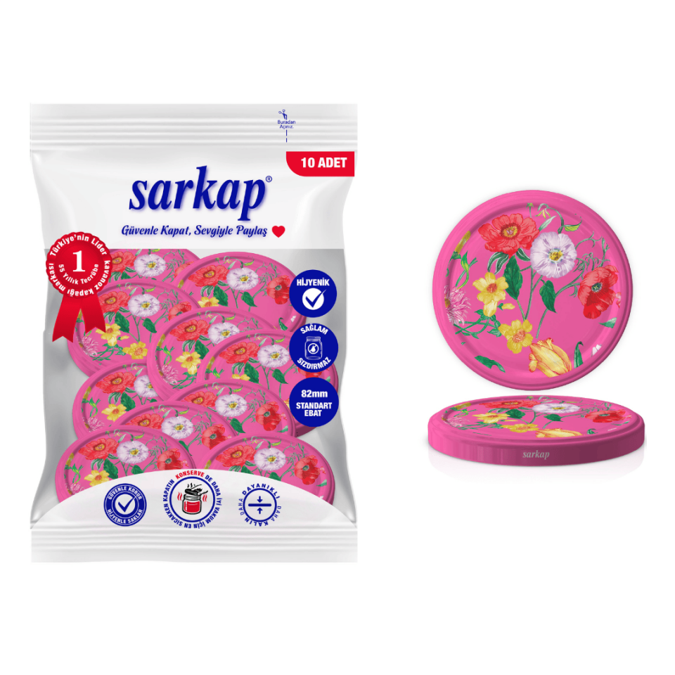 Hijyenik Paketli 10 Adet Kavanoz Kapağı Çiçek Desenler 82 mm Pembe