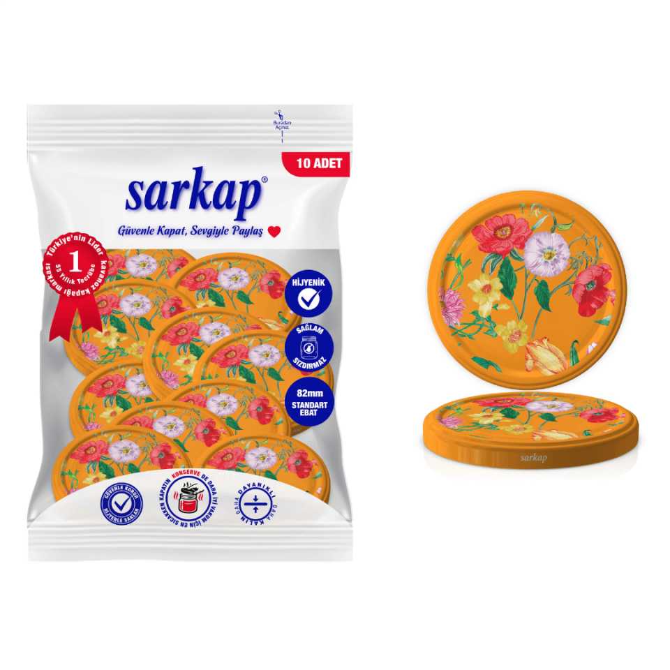 Hijyenik Paketli 10 Adet Kavanoz Kapağı Çiçek Desenler 82 mm Turuncu