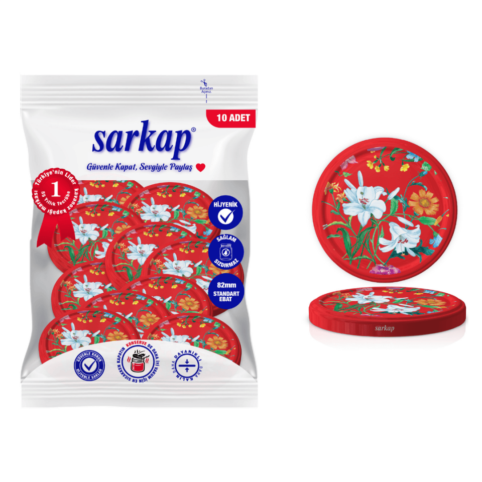 Hijyenik Paketli 10 Adet Kavanoz Kapağı Çiçek Desenler 82 mm BORDO