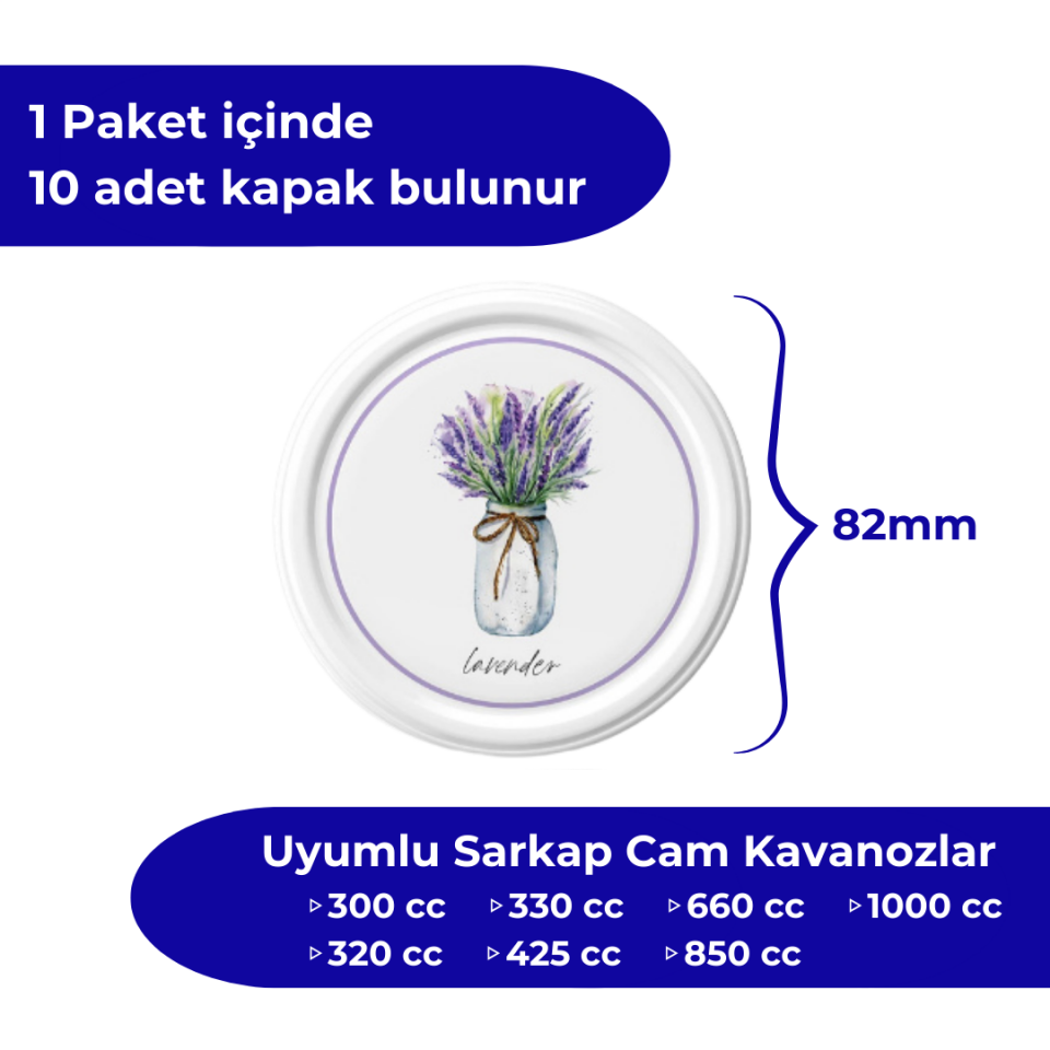 Hijyenik Paketli 10 Adet Kavanoz Kapağı Çiçek Desenler 82 mm Lavender
